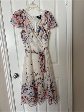 DKNY Cream Floral Midi Wrap Dress